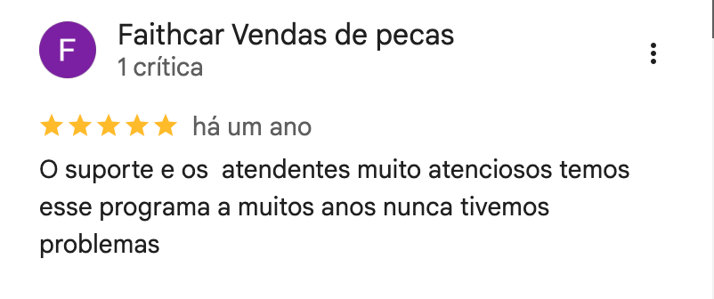 Captura da avaliação de Faithcar Vendas de peças no Google, com cinco estrelas