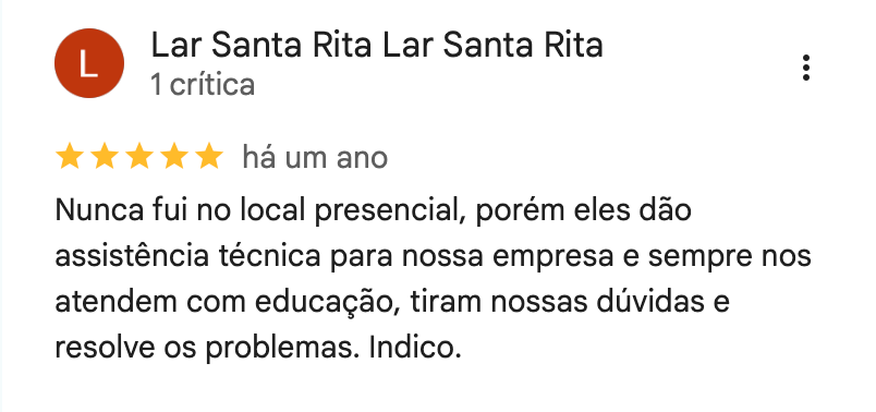 Captura da avaliação de Lar Santa Rita Lar Santa Rita no Google, com cinco estrelas